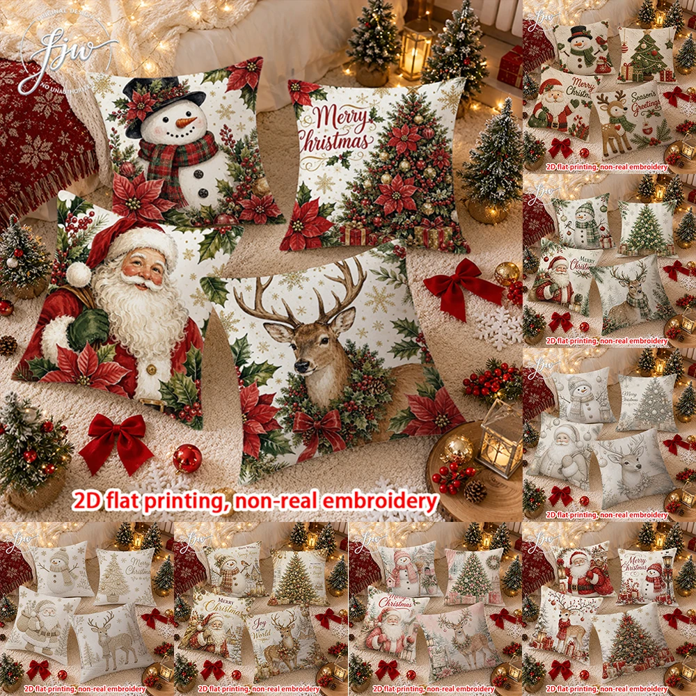 4pcs Christmas Pillow Covers Vintage Xmas Snowman Santa Reindeer Tree Holiday Decorative Throw Pillow Cases for Home Sofa Couch