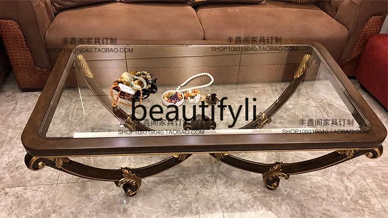 yj57 Neoclassical carved coffee table gold-painted solid wood glass living room square table light luxury low table retro old