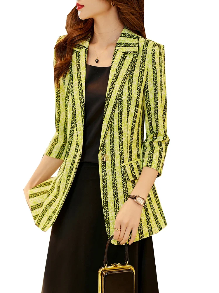 

Half Sleeve Blazer for Women, Green and Blue Stripe, Single Button, Female Formal Jacket, Summer and Spring Coat