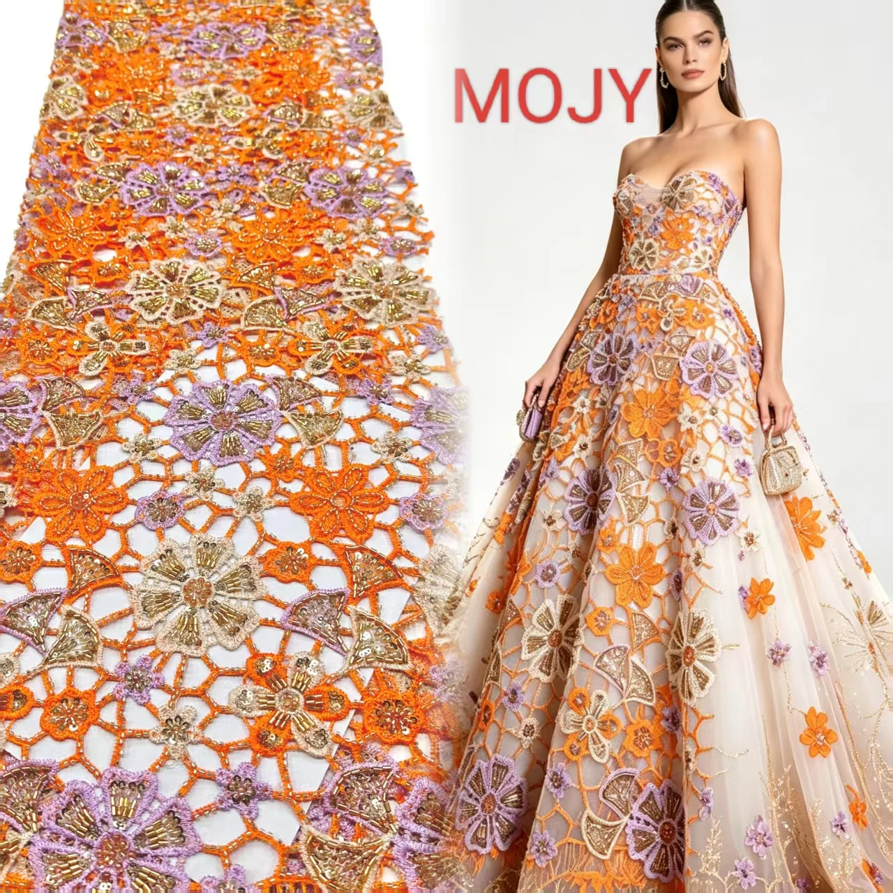 Orange Purple Multicolor Guipure Lace Fabric Gold Sequins Hollow Floral Embroidery Tulle Material For Wedding Bridal Gown Evenin
