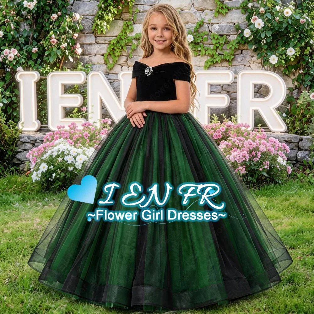 

Customized Flower Girl Dress Tulle Dark Green Princess Dress with Bow for Birthday Party Festival Bridesmaid Wedding