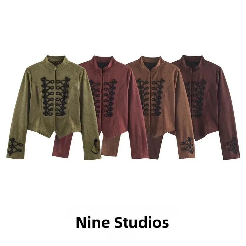 NINE ZAR Women's Short Slim Fit Jacket Velvet Texture Knot Button Stand Collar Outerwear Zipper Closure Long Sleeve Winter Coat