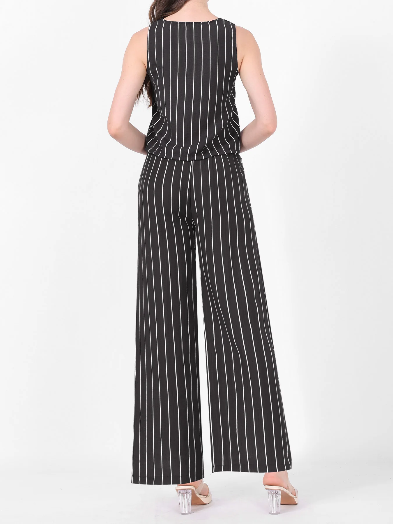 Gestreiftes zweiteiliges Outfit für Damen, ärmelloses Tanktop mit Knöpfen und elastische Hose mit weitem Bein und Kordelzug, lässiger Urlaubskostüm – Detail 21