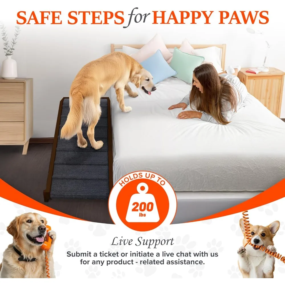 منحدر كلب قابل للتعديل للسرير - منحدر خشبي قابل للطي للكلاب للانحناء على السرير أو الأريكة أو السيارة بمساحة مشي بعرض 16.5 بوصة (جوز مع #5