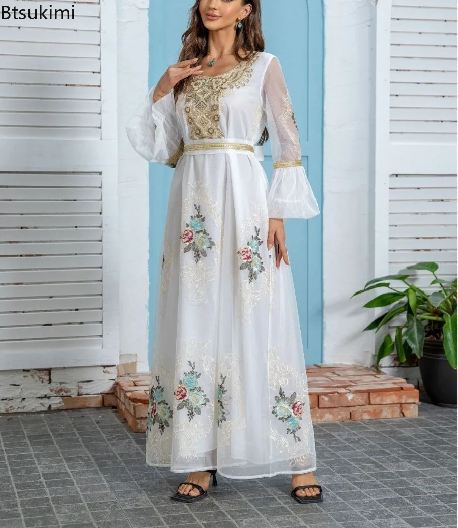 Neue 2025, Eid Muslimischen Party Kleid für Frauen Ramadan Abaya Stickerei Flare Hülse Langes Kleid mit Gürtel Vestidos Largos Dubai Robe