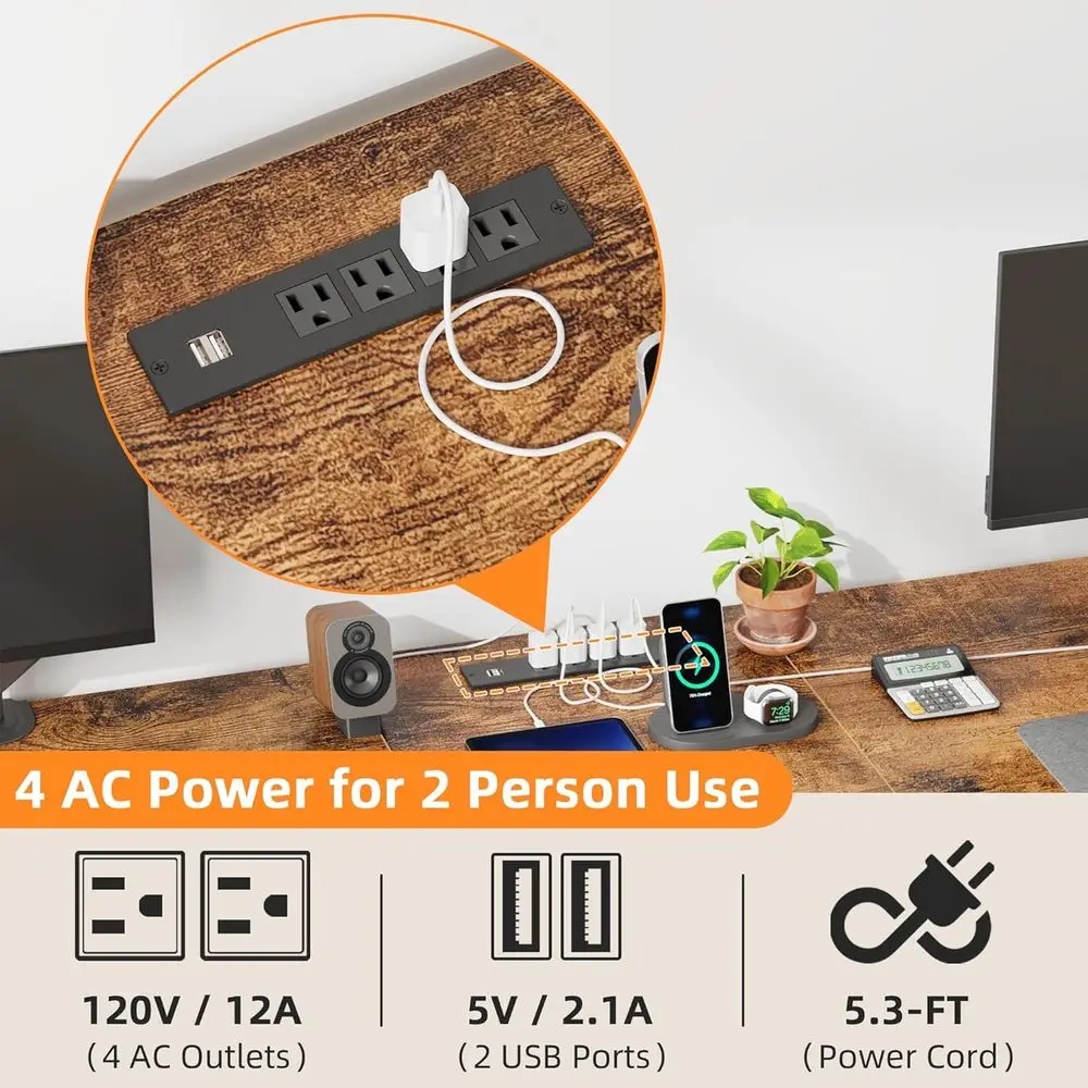 Rustic Brown 81.2 Dual Gaming Desk with Power Outlet, LED & Friction Drawers for Home Office