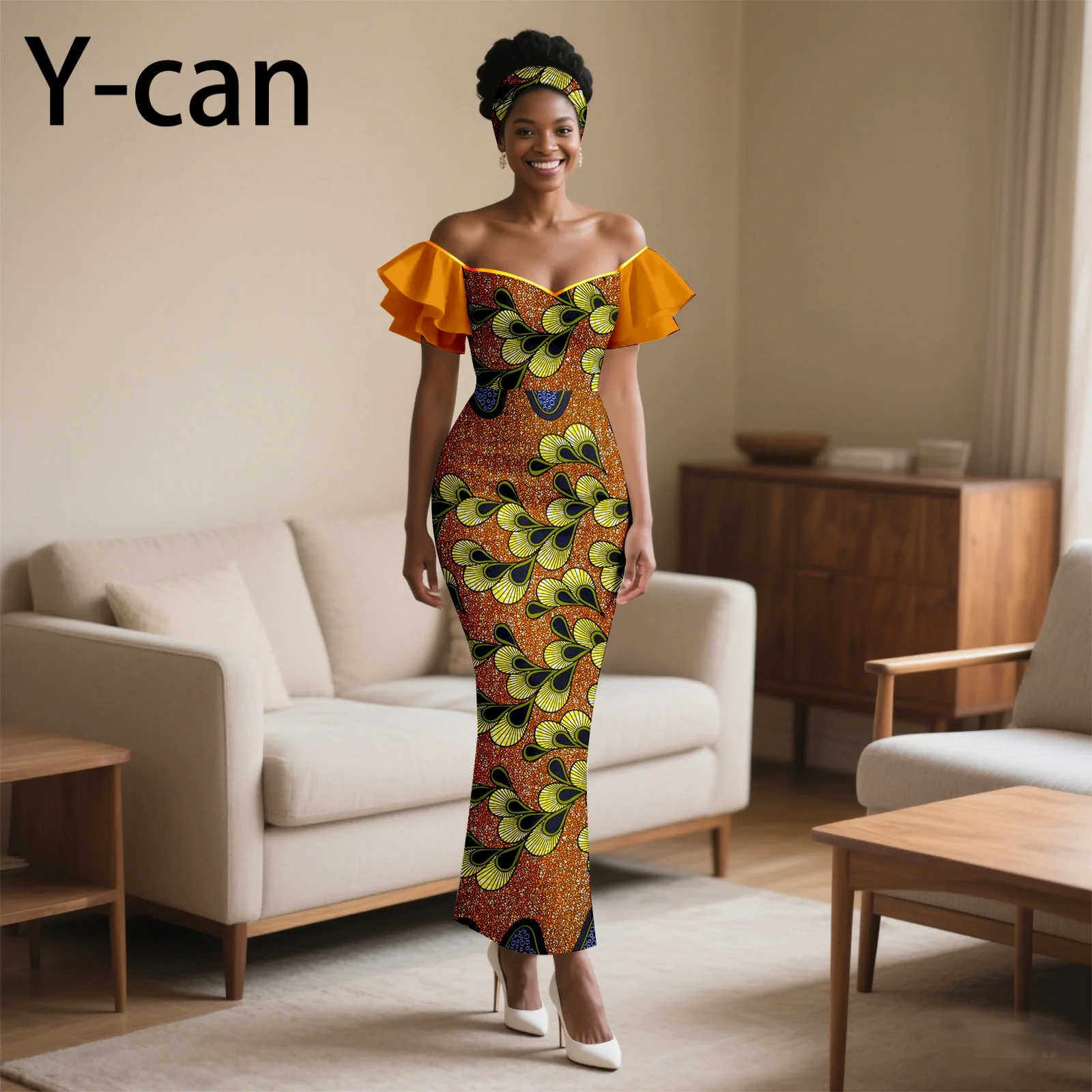 

Ankara Fashion African Women Pleated Sleeve Heart-collar Dress with Headscarf for Wedding Party Elegant Lady Dress 2525097