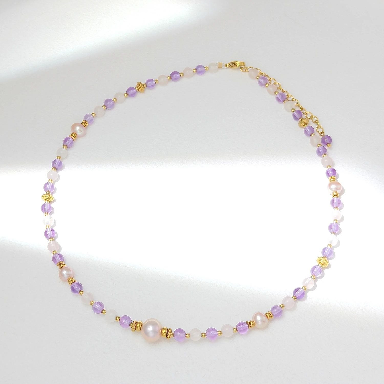 Lii Ji Rose Quartz Amethyst 2-4mm Natural Stone Pendant Necklace 38+5cm Gold Stainless Steel Handmade Jewelry