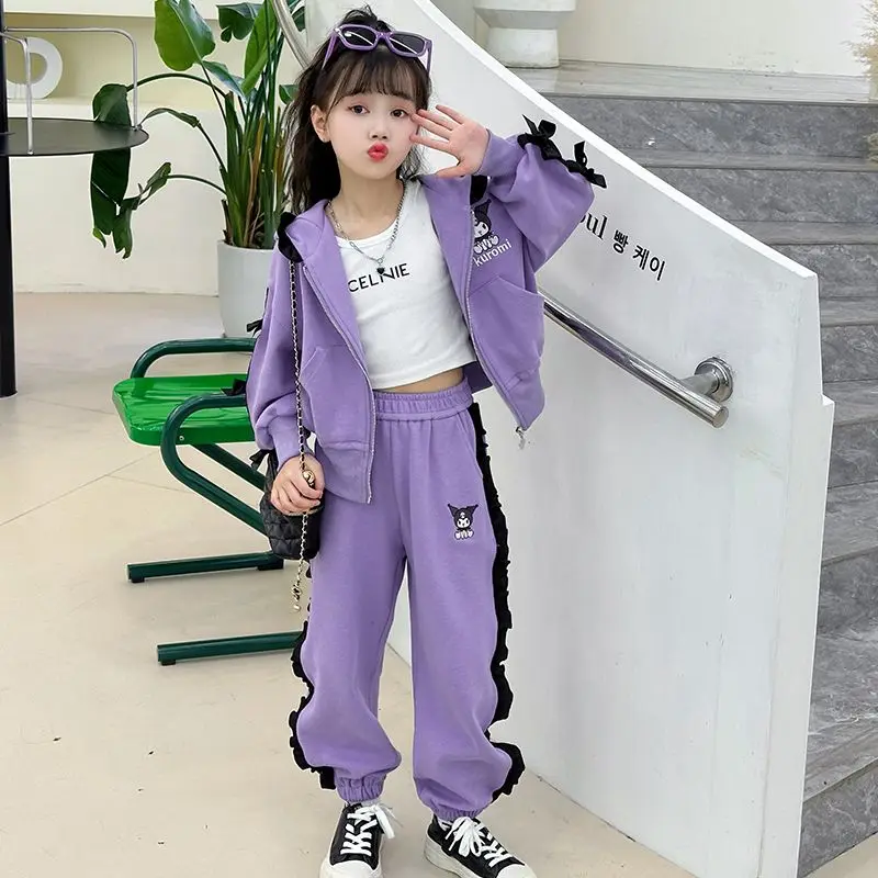 Sanrios My Melody Cinnamoroll Anime Kawaii Girls Kulomi Suit Autumn Fashion Girl Korean Style Casual Clothes Kids Sportswear Set