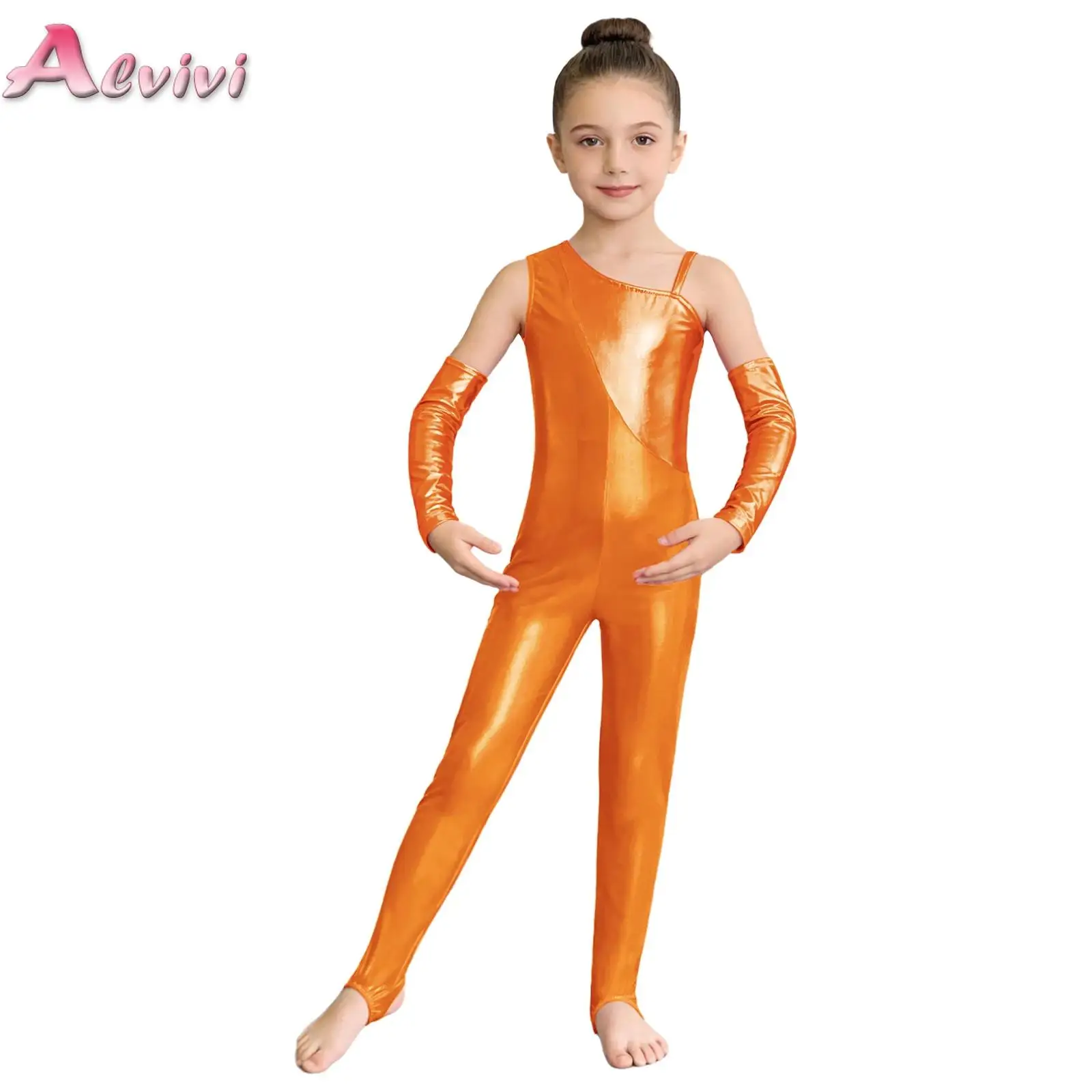 Kids Girls Gymnastics Ballet Dance Jumpsuit Performance Outfit One Shoulder Metallic Stirrups Unitards and Gloves Training Wear