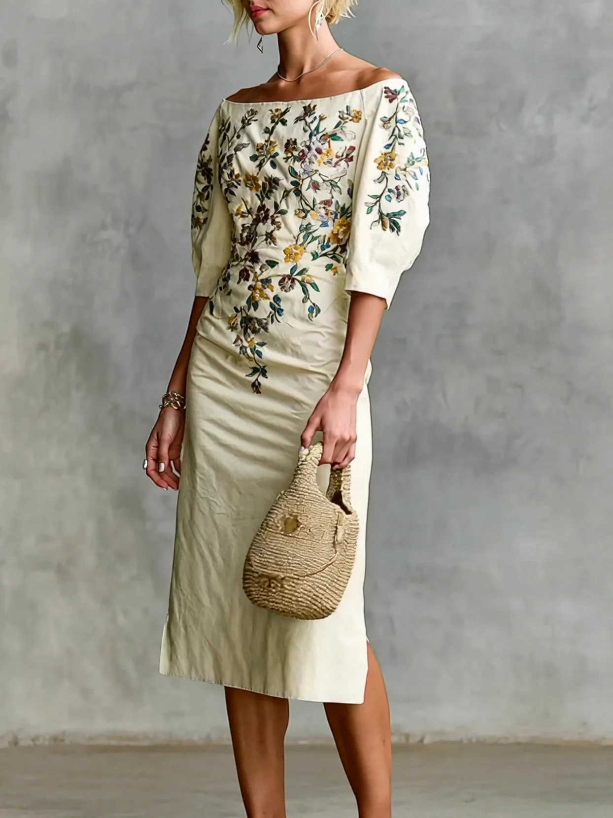 Vintage Floral Embroidery Print Off Shoulder Midi Dress Puff Sleeve Slim Fit Bodycon Split Cocktail Party Dresses For Women view 5