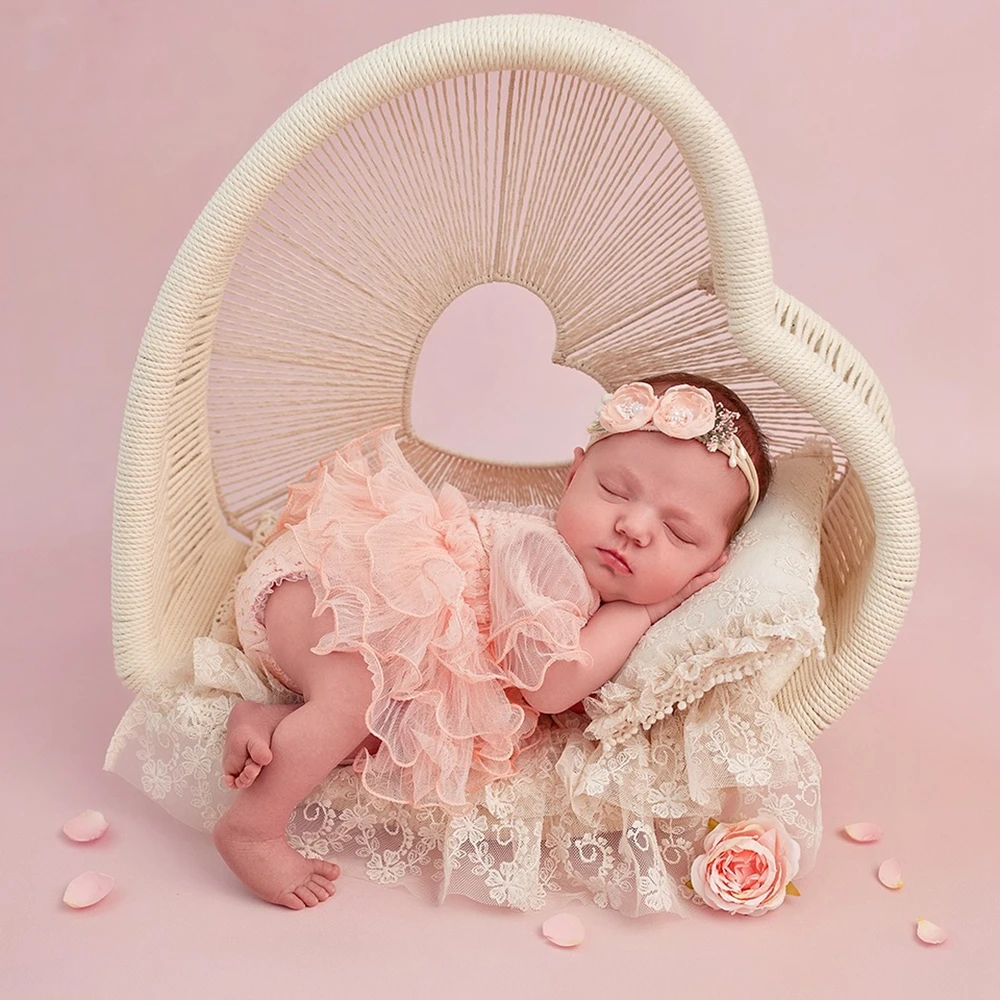 Newborn Baby Girl Peach Tutu Romper Photography Outfit Lace Ruffle Bodysuit Infant Photo Shoot Tutu Dress Newborn