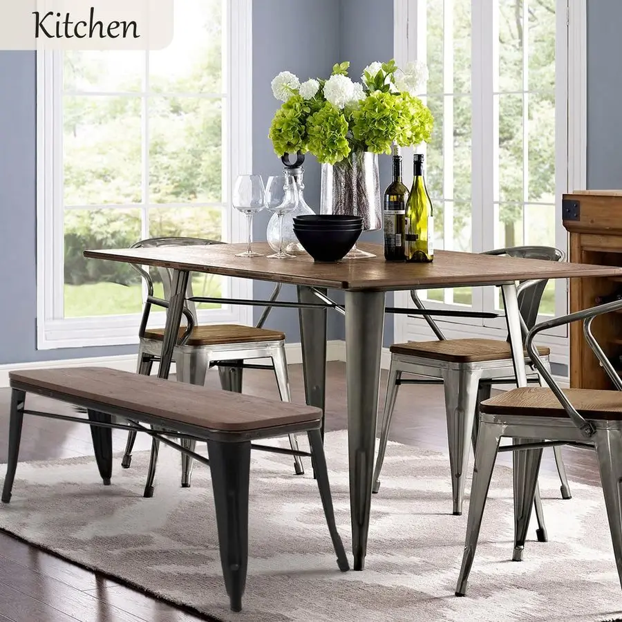 Dining Bench, Entryway Bench with Back, Farmhouse Metal Dining Bench, Industrial MidCentury 3 Person Rustic Spindle Bench, with