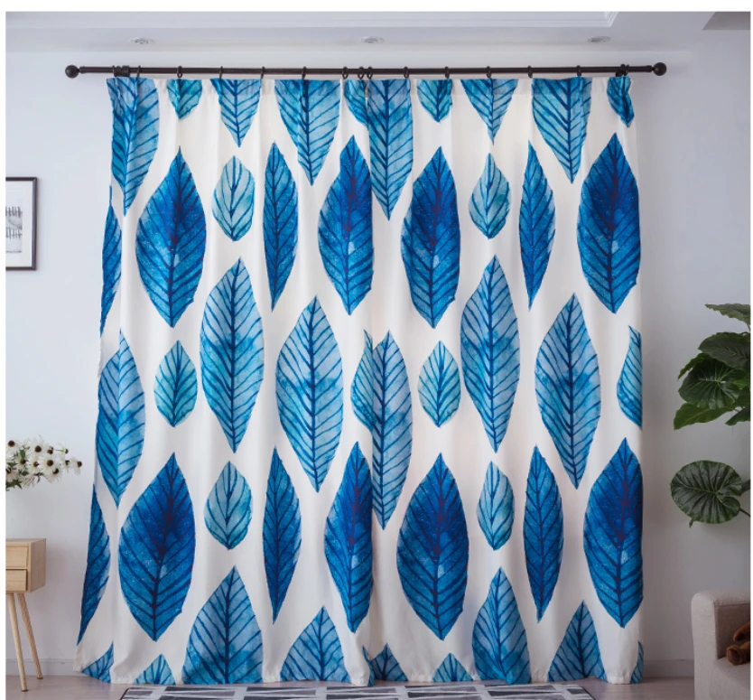 Blue leaf curtain finished custom modern minimalist shading fabric art small fresh plants soundproof windproof curtains