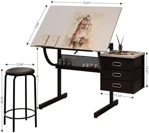 Drafting Table with Storage, Adjustable Art Desk & Art Table with Stool, 0-75° Tilting Top, 3 Drawers for Diamond