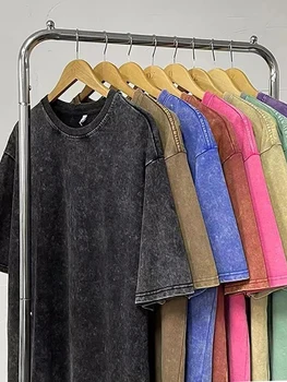 2024 streetwear 씻어 빈티지 티셔츠 힙합 레트로 펑크 티셔츠 여성 탑 코튼 중립 반소매 산성 워시 티셔츠