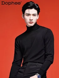 Suéteres de cuello alto para hombre, Tops de punto de manga larga, elegantes, adelgazantes, negros, negocios de alta gama, a la moda, Otoño e Invierno