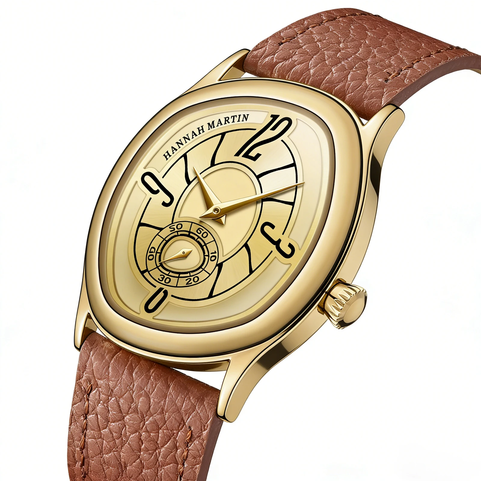 Image of HANNAH MARTIN Herrenuhr, kreative goldene Lederuhr, 40 mm, verträumtes geometrisches Gehäuse, Damen, 3 Bar, wasserdichte Paar-Kleideruhr für Herren