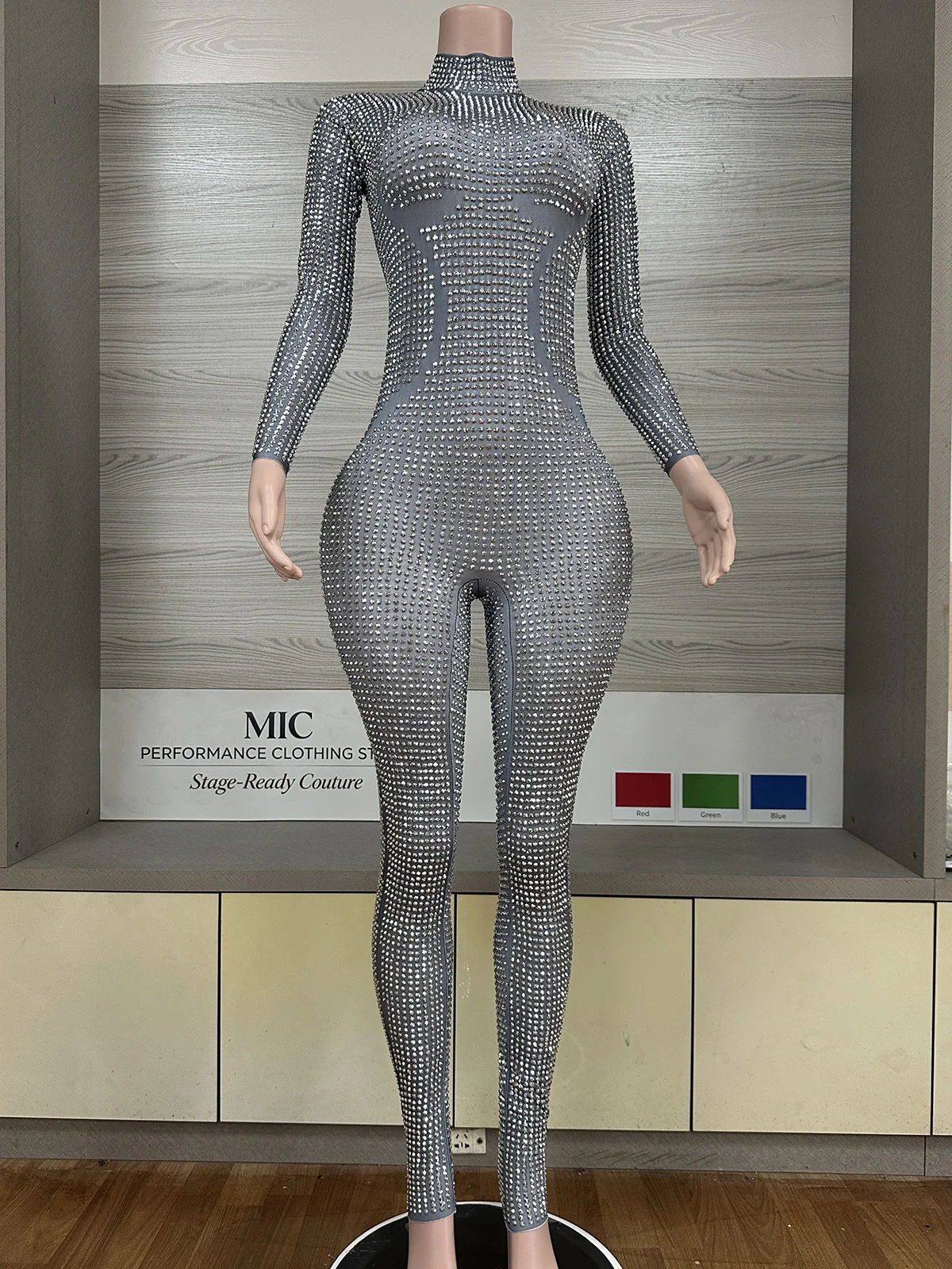 Women Silver Clear Rhinestone High Neck Long Sleeve Sheer Mesh Jumpsuit Sexy Luxury Showgirl Stage Drag Queen Party