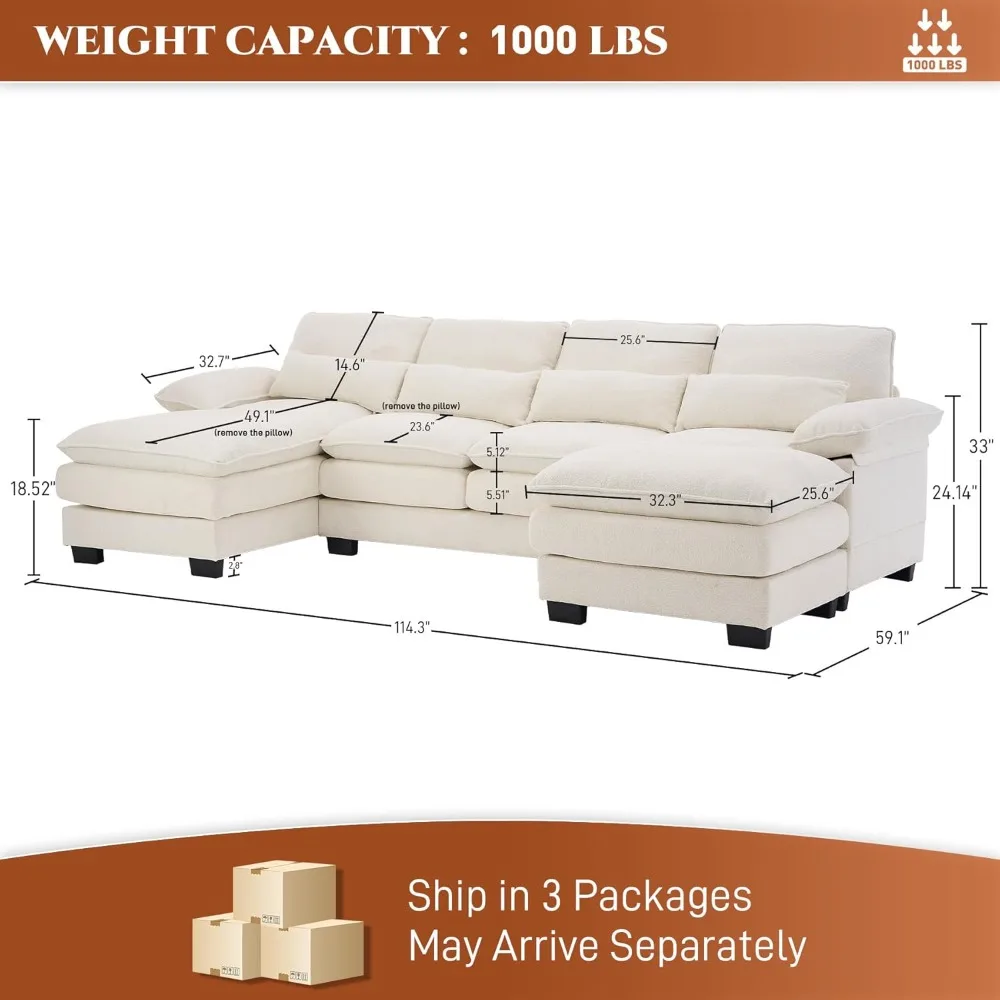 Cloud Couch for Living Room, Upholstery Comfy Modular Sofa, 4 Seat Chenille L-Shaped Sleeper Sofa with Chaise Lounge