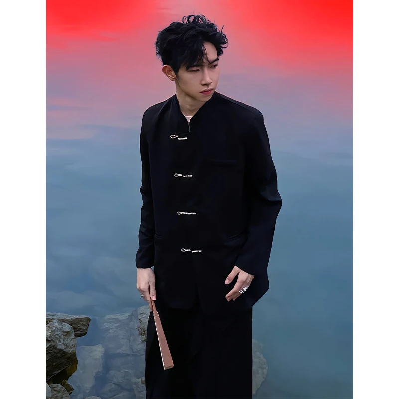 

New Chinese Sle Men's Pad oulder Suit Collar Jaet Button up Outerwear Autumn Student Zhongan Suit Stand Fit Long S...