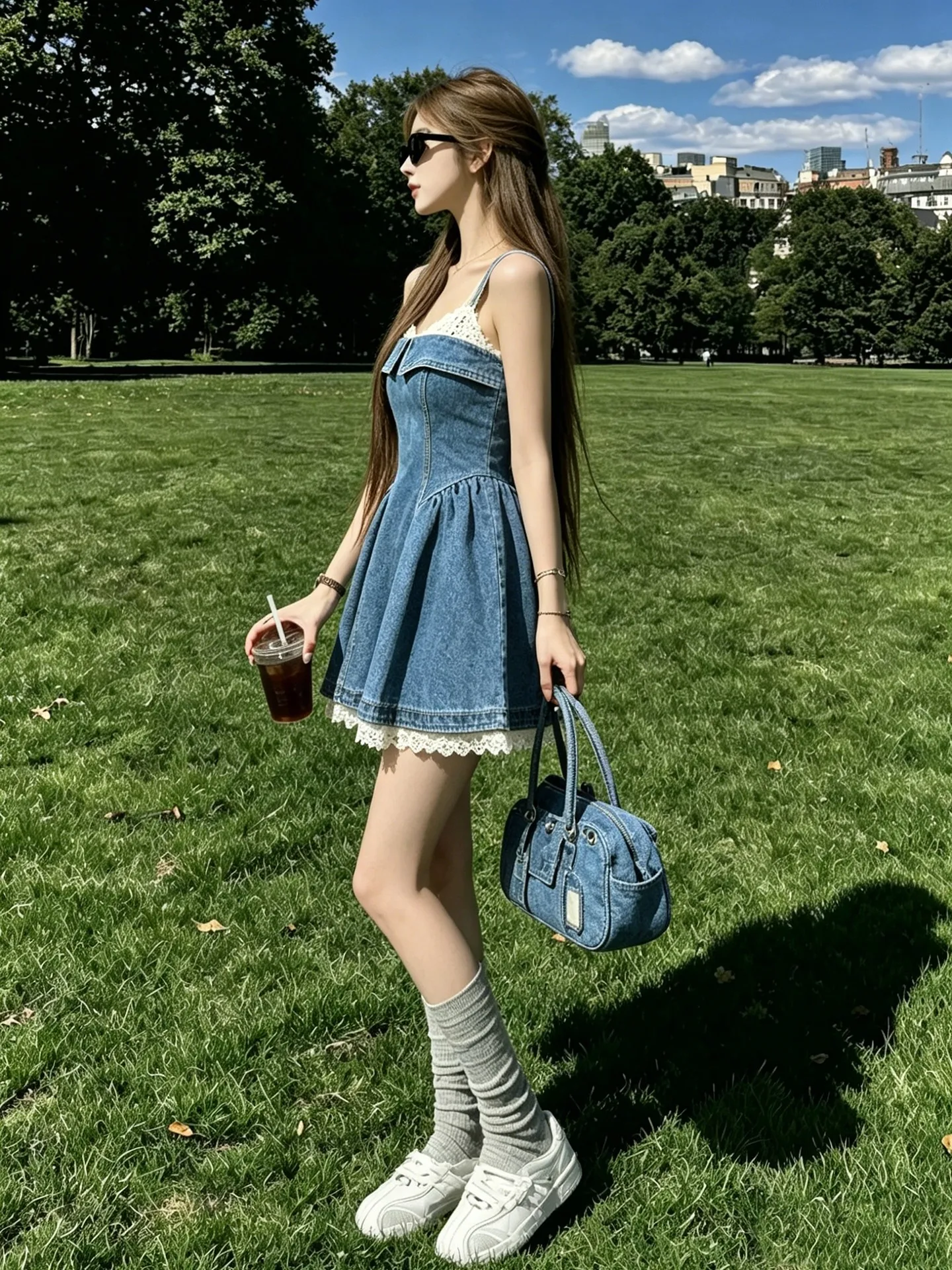 American Retro Denim Halter Dress Women Summer 2026 New Popular Lace Splicing  Skirt Casual Style Polyester Fabric