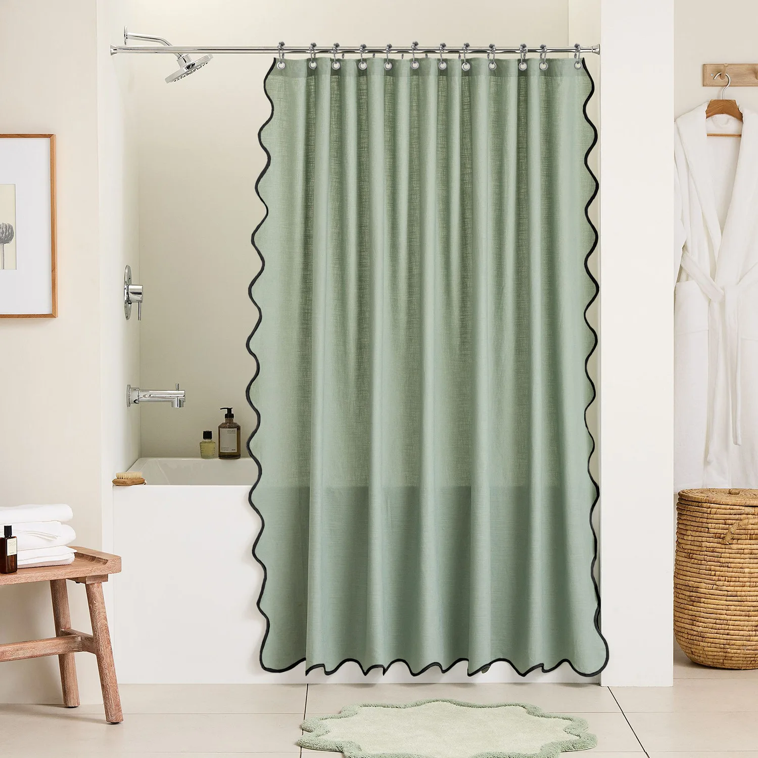 

Linen-like Thickened Waterproof Bathroom Shower Curtain with Wavy Edge