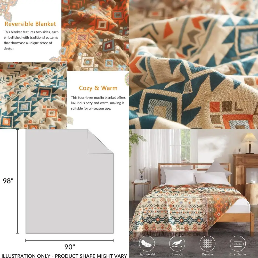 

Cozy Bohemian Cotton Quilt, 90x98 Tassel-Trimmed Muslin Blanket, Reversible Patchwork Print, Soft for All Seasons