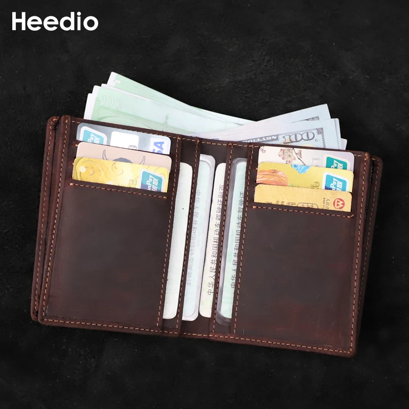 Retro Crazy Horse Leather Short Wallet Vertical Style First Layer Leather Card Wallet Simple Card Slots Purse Money Bag Wonen