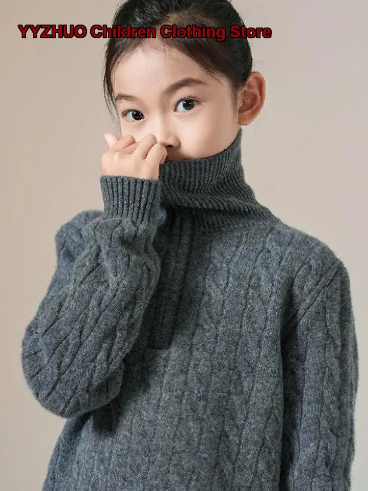 Kids Solid Color Sweater Girls Turn-Down Collar Zip-Up Pullover Boys Thickened Knit Cashmere Base Layer Top Teenager Older Kids