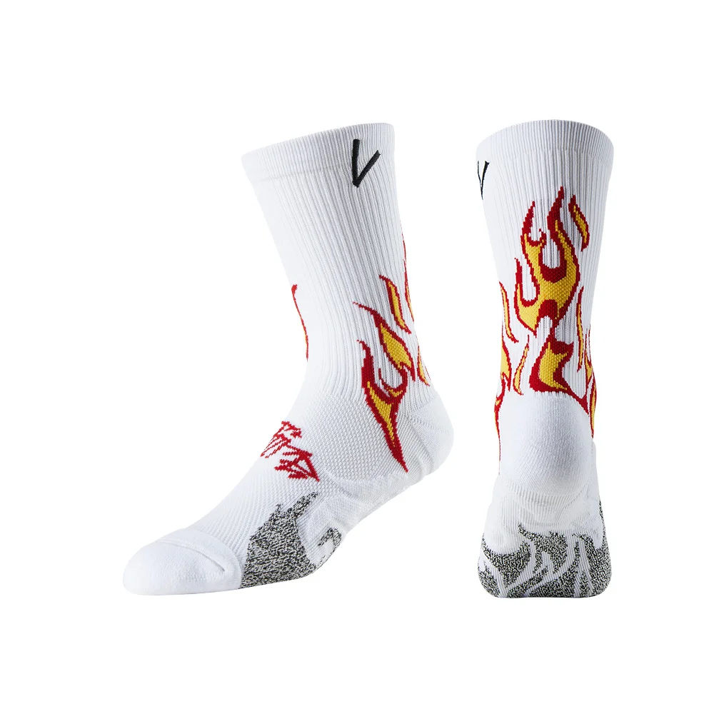 Fire Pattern Running Socks with Arch Support Breathable Cushioned Compression Socks for Men Women Crew Length Cycling Socks