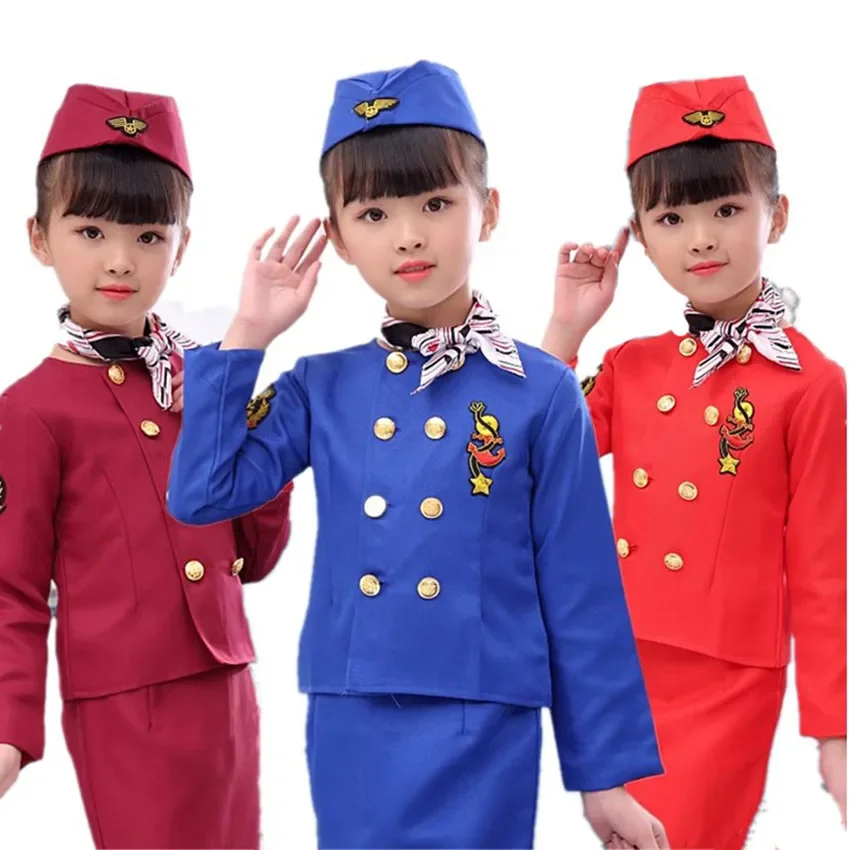 Costumi Cosplay pilota di Halloween per bambini ragazzi regalo di compleanno ragazze assistente di volo vestito operato uniforme da prestazione militare