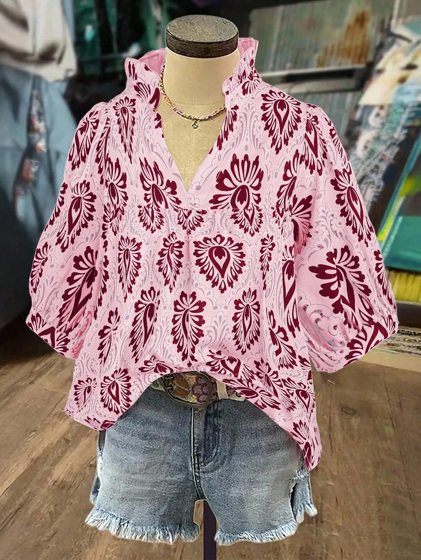 

Women's Puff Sleeve V-Neck Casual Boho Floral Print Blouse Spring Summer