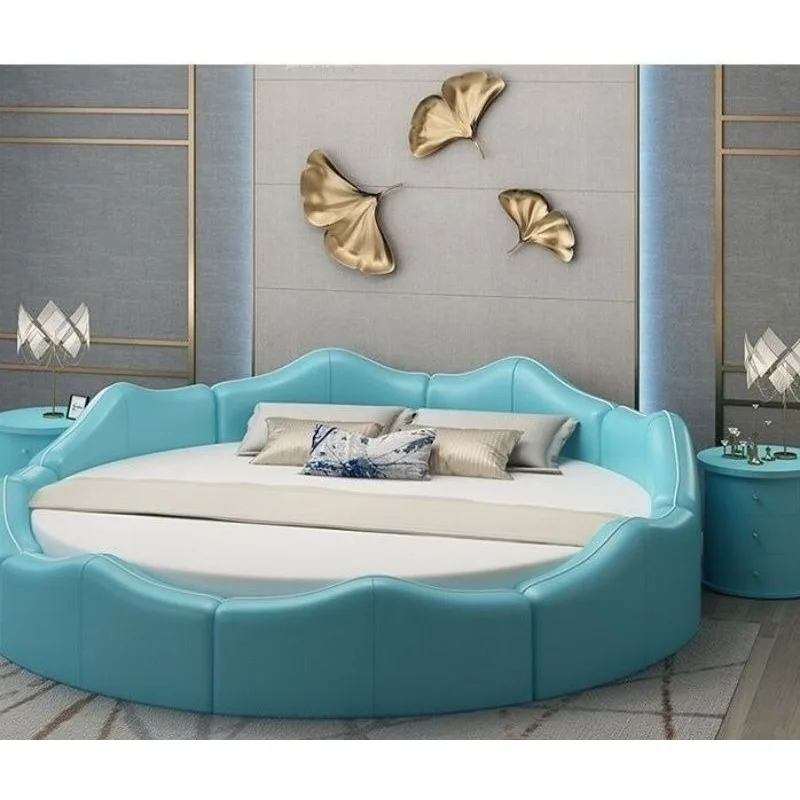 Round bed double bed, master bedroom wedding bed couple happy bed, light luxury modern simple hotel electric round leather bed