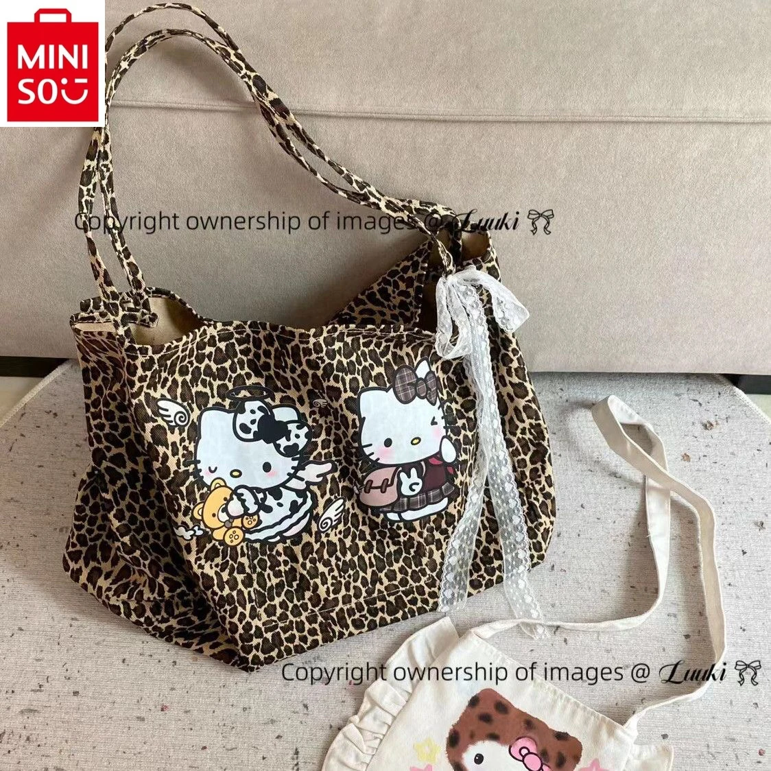 MINISO-sac à main rétro motif léopard Hello Kitty, sac fourre-tout de rangement multifonctionnel de grande capacité pour femmes, nouvelle collection 2024