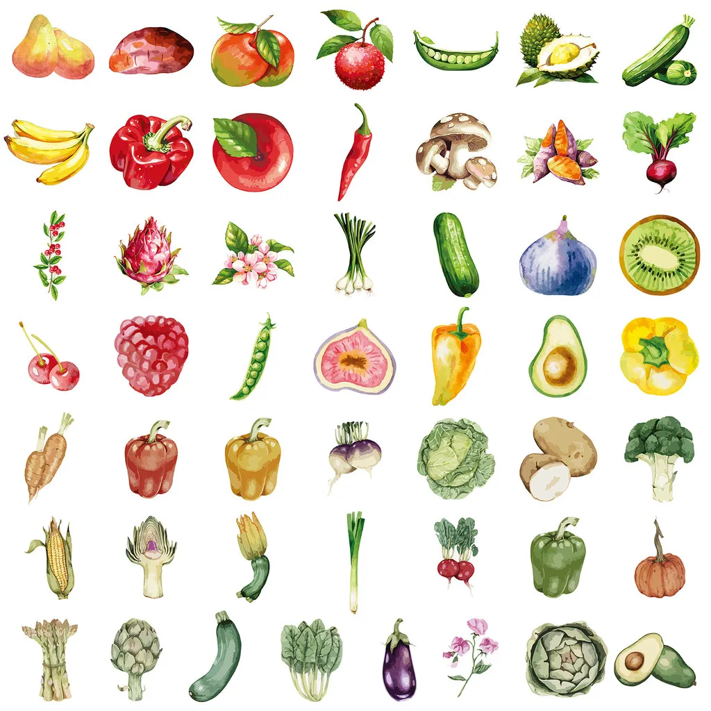 50 قطعة من ملصقات الكتابة على الجدران الجديدة المصنوعة من الفواكه والخضروات المائية - ديكور مقاوم للماء لهاتف الكمبيوتر وكوب الماء (متجر عوالم الرسوم المتحركة)