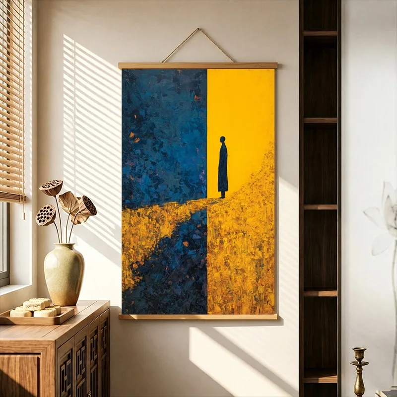 Wall Decorations Blue and Golden Fields with Solitary Walkers, Pearlescent Canvas Hanging Scroll for Gallery Exhibition Space