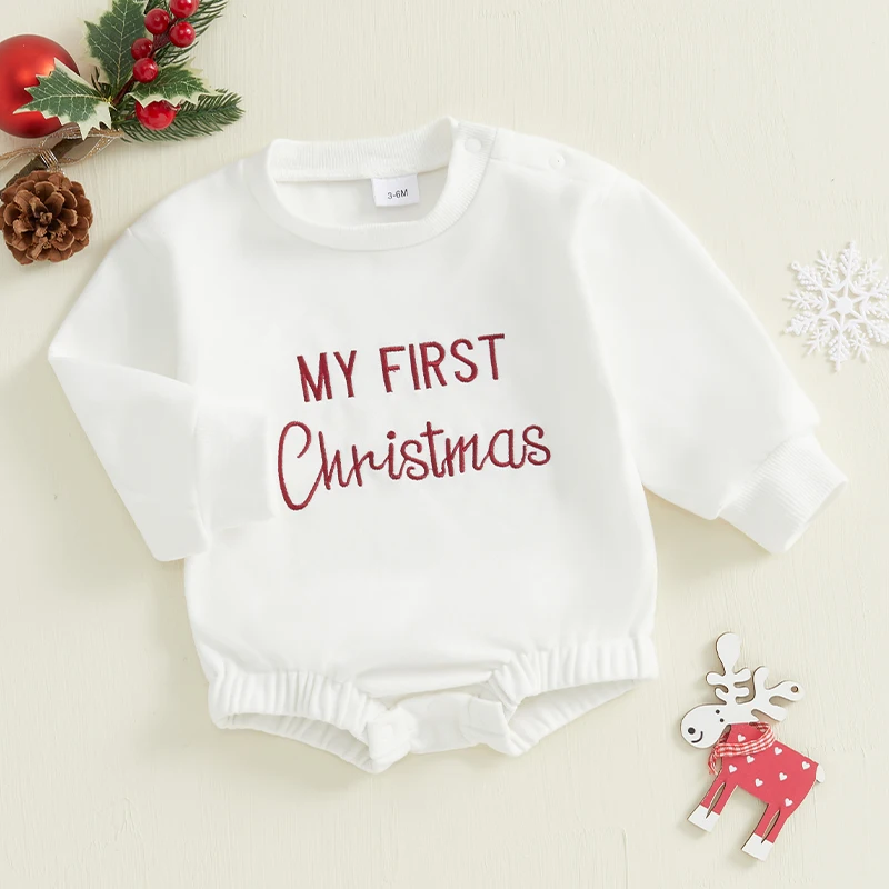 Baby Girls Boys Sweatshirts Rompers Christmas Clothes Letter Pattern Long Sleeve Toddler Fall Bodysuits for 0-12 Months