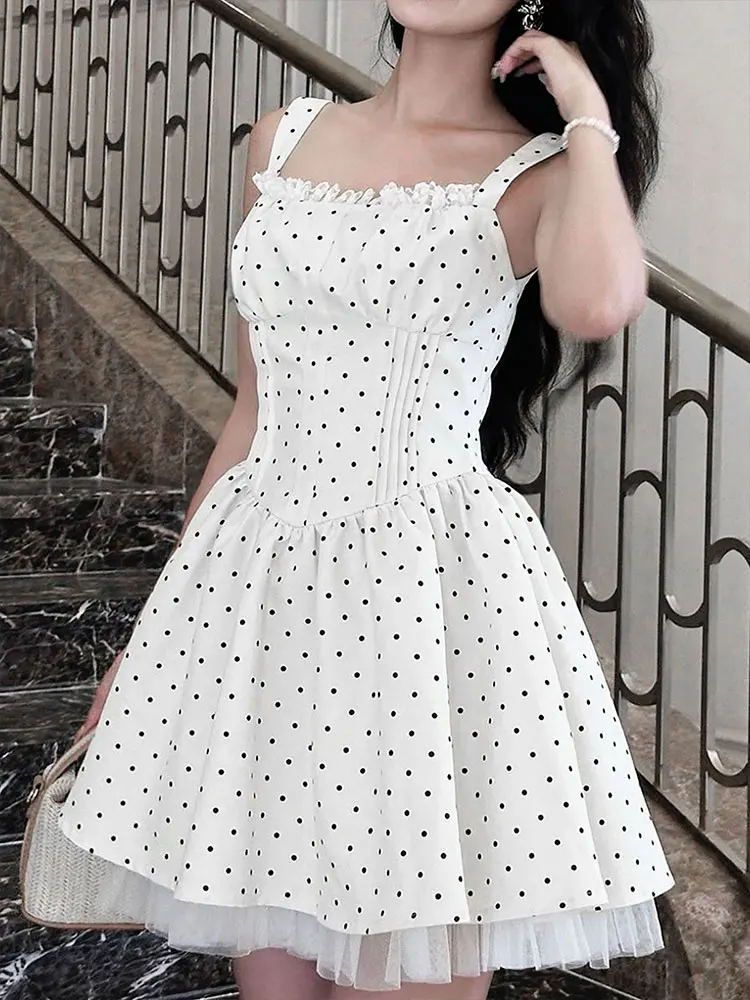 GELITAYIN Summer New Women A-Line Dresses Streetwear Fashion Dot Print Tank Sleeve Lace-up Dress Casual Slim Sexy Female Backles