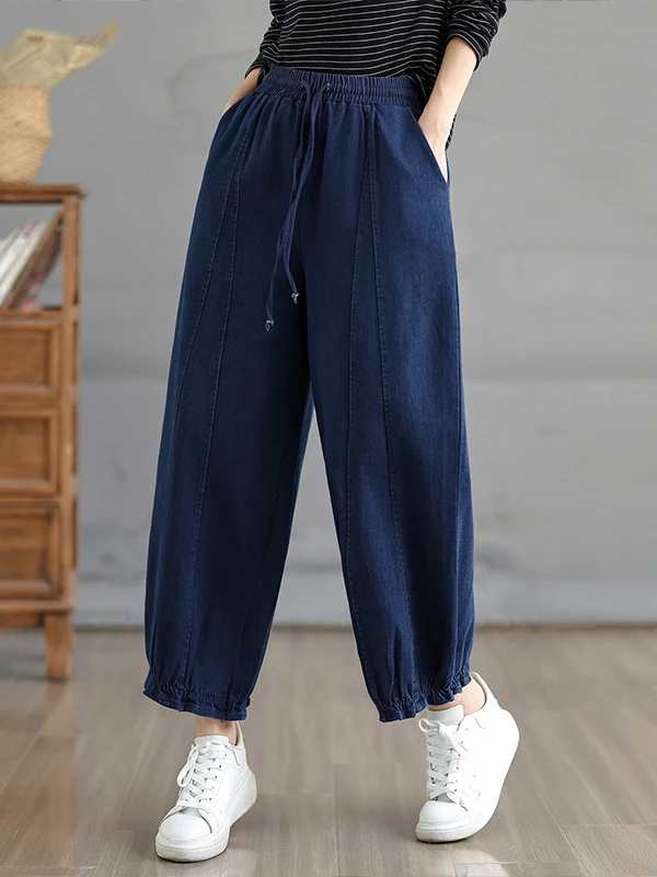 ファッショナブルなウェイドデニムパンツ、ハイウエストワイドレッグ、無地、スプライシング、バンジーコード、カジュアルルーズフィットジーンズ、プラスサイズ女性向け