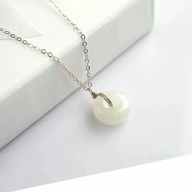 Real Hetian Jade Donut Pendant Lucky Necklace Natural Jewelry Charm Gemstone Carved Talismans Energy Chain Choker Gift