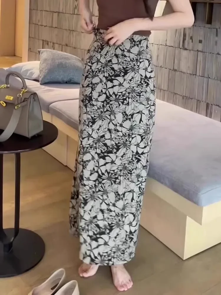 

Slimming Floral Print Length Skirt High-waisted Commuter Korean Faion Casual Women's Skirt Split Long Skirt