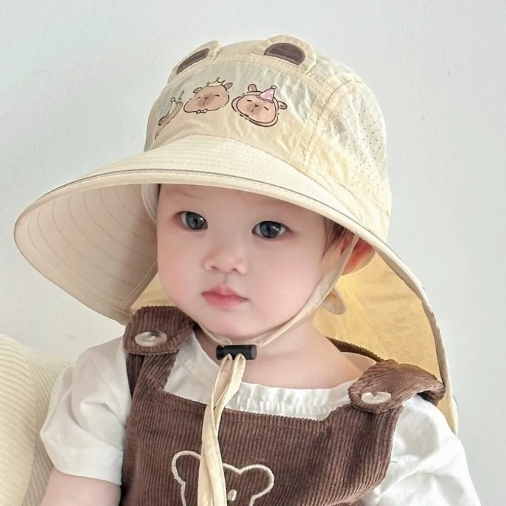 

Casual Breathable Capybara Fisherman Hat Windproof Rope Quick Dry Shawl Sun Hat Cotton Wide Brim Baby Sun Protection Hat Spring