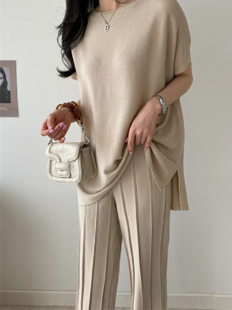 2 Piece Sets Womens Outfits Spring Women T-Shirt Long Sleeve High Waist Pants Wide Leg Womens Trousers Two Piece Set Knitted