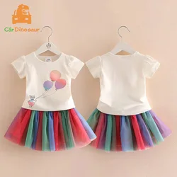 2025 Summer 3 4 6 8 10 Years Party Elegant Princess Cat Balloon T-Shirt+Colorful Rainbow Lace Skirt 2 Piece Kids Girl Sets