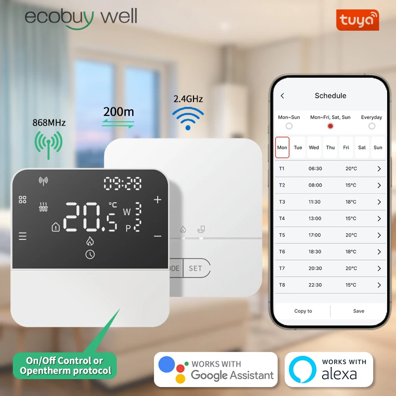 Tuya Smart Opentherm Thermostat Battery Powered Wifi Thermostat Gas Boiler Switch Heating/Cooling Programmable Remote Control
