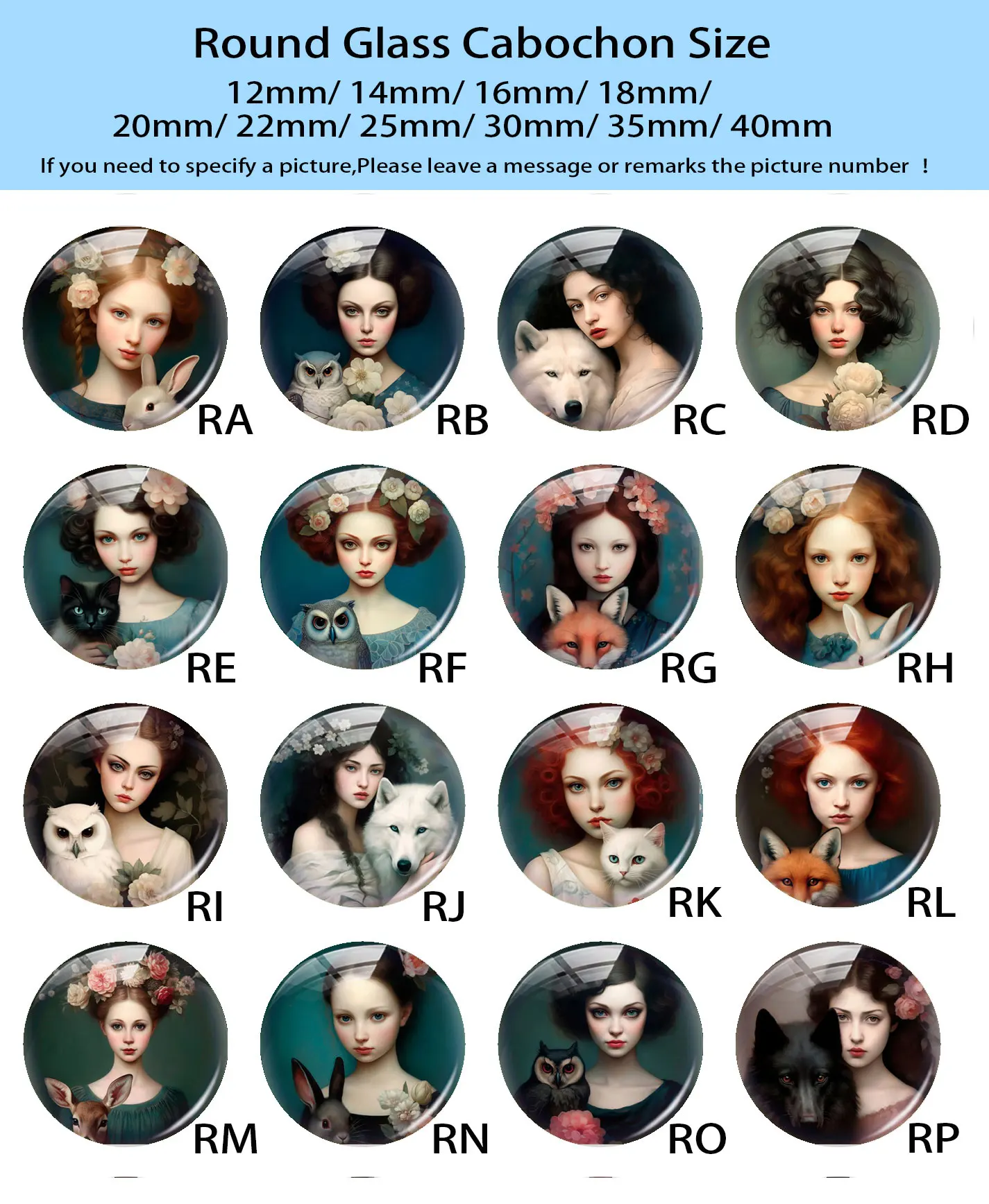 Random Mixed Round/Oval/Square Flower Girl Wolf Fox Rabbit Cat Photo Glass Cabochon Flatback Demo Cameo For Diy Jewelry Making view 4
