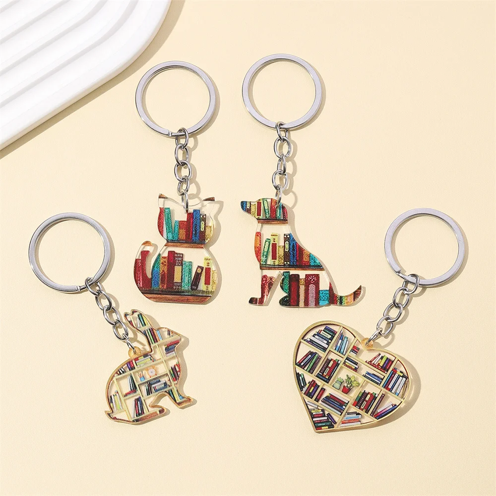 Cat Bookcase Earrings Book Key Chains 2D Flat Pendant Keychains Keys Wallets Backpack Christmas Hanging Keychain Decorations