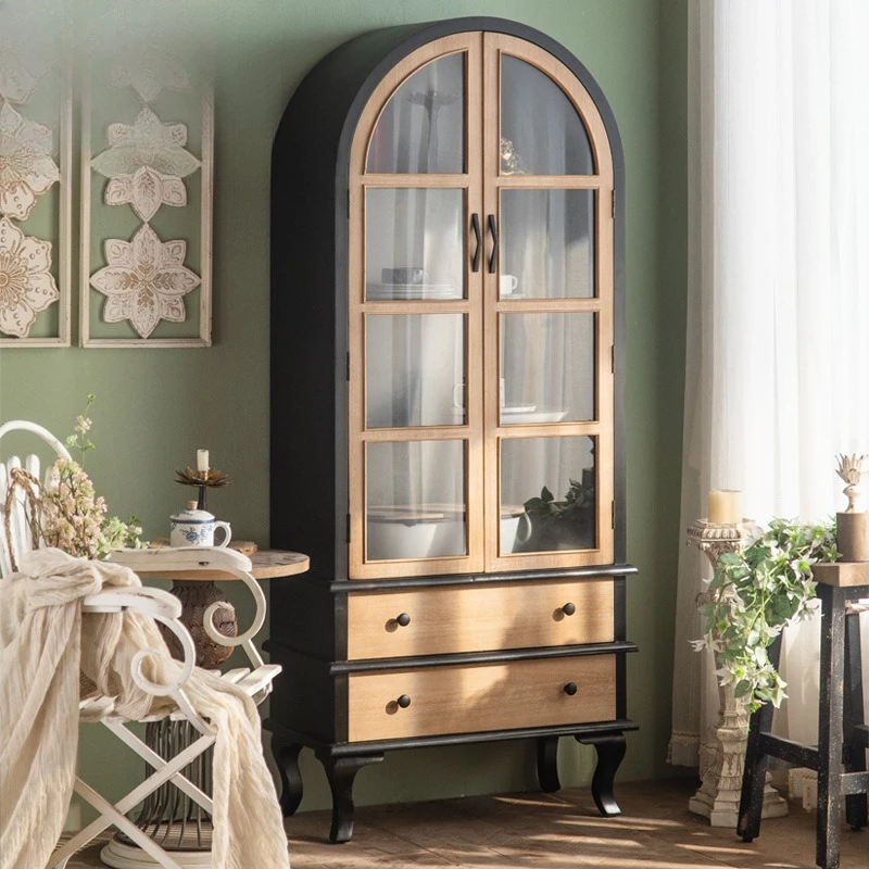 

French solid wood black dining room cupboard household kitchen storage storage cabinet arched wrought iron living room decorativ