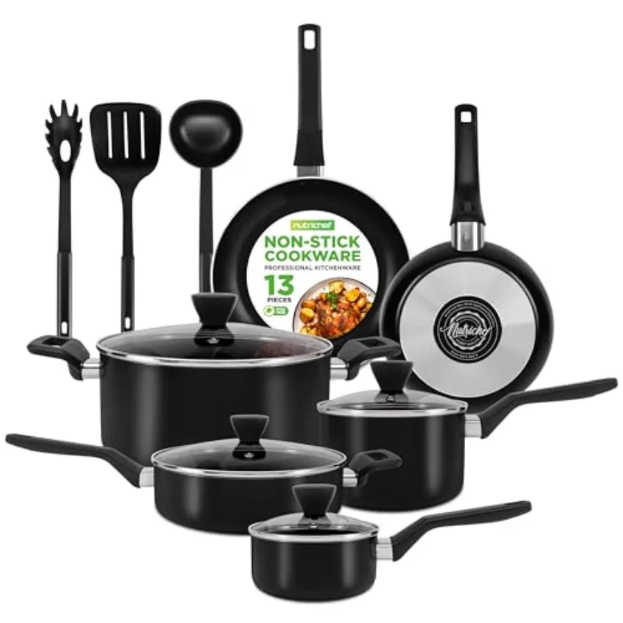 

13-Piece Nonstick Cookware Set for Kitchen Use Heat Resistant Black Includes Saucepan Frying Pans Cooking Pots Casserole Lids L
